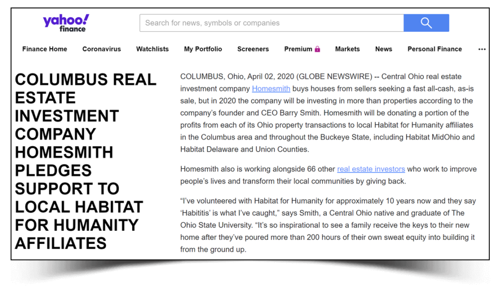 Yahoo Finance Story on Homesmith | Homesmith Buys Houses Columbus OH | 1-877-HOMESMITH