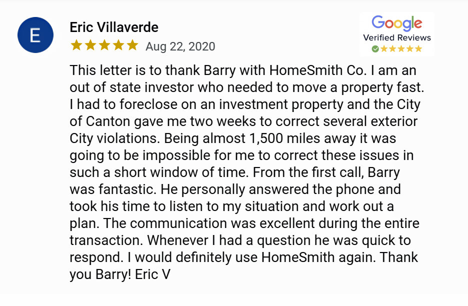 eric v google 5-star review for Homesmith Buys Houses