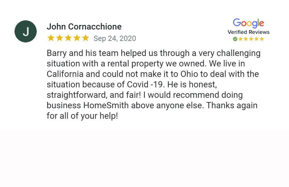 john c google 5-star review for Homesmith Buys Houses