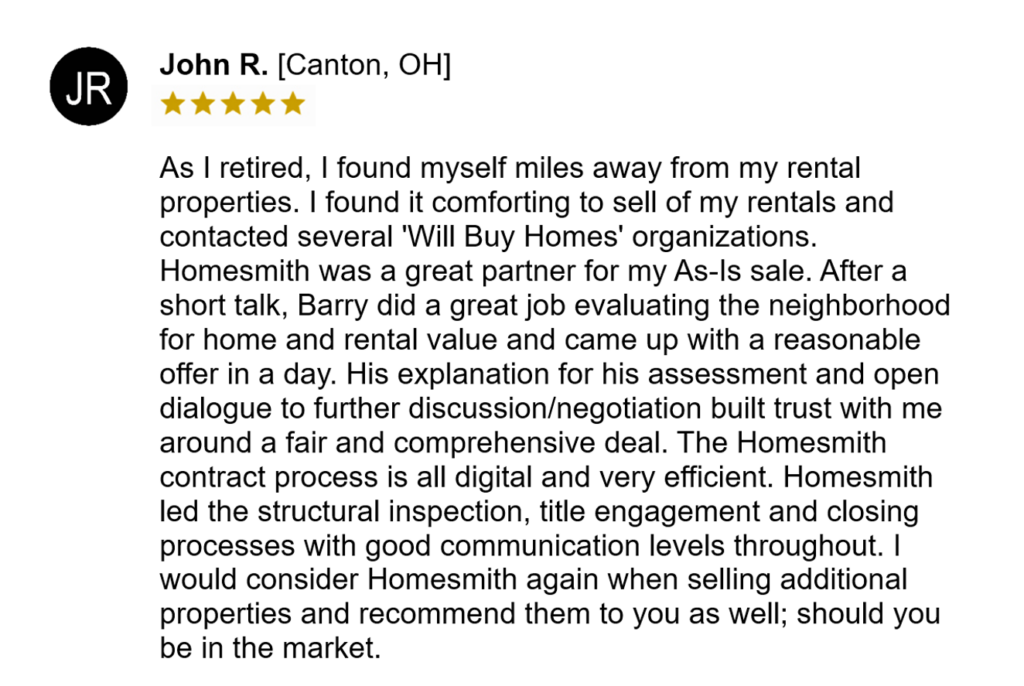 john r 5-star review for Homesmith Buys Houses