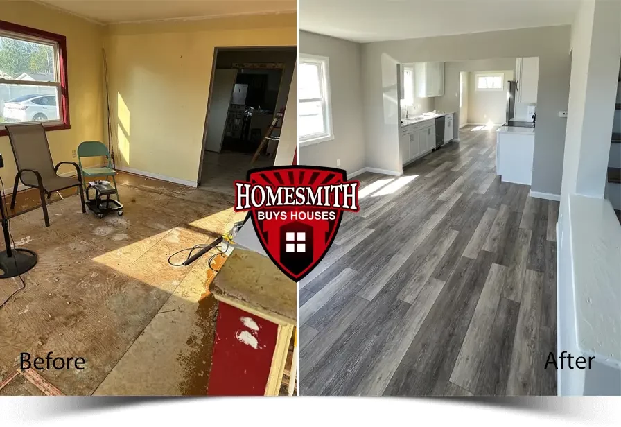 Before and after photo of a Port Clinton, Ohio house interior renovation purchased as-is by Homesmith, a trusted Ohio cash home buyer.
