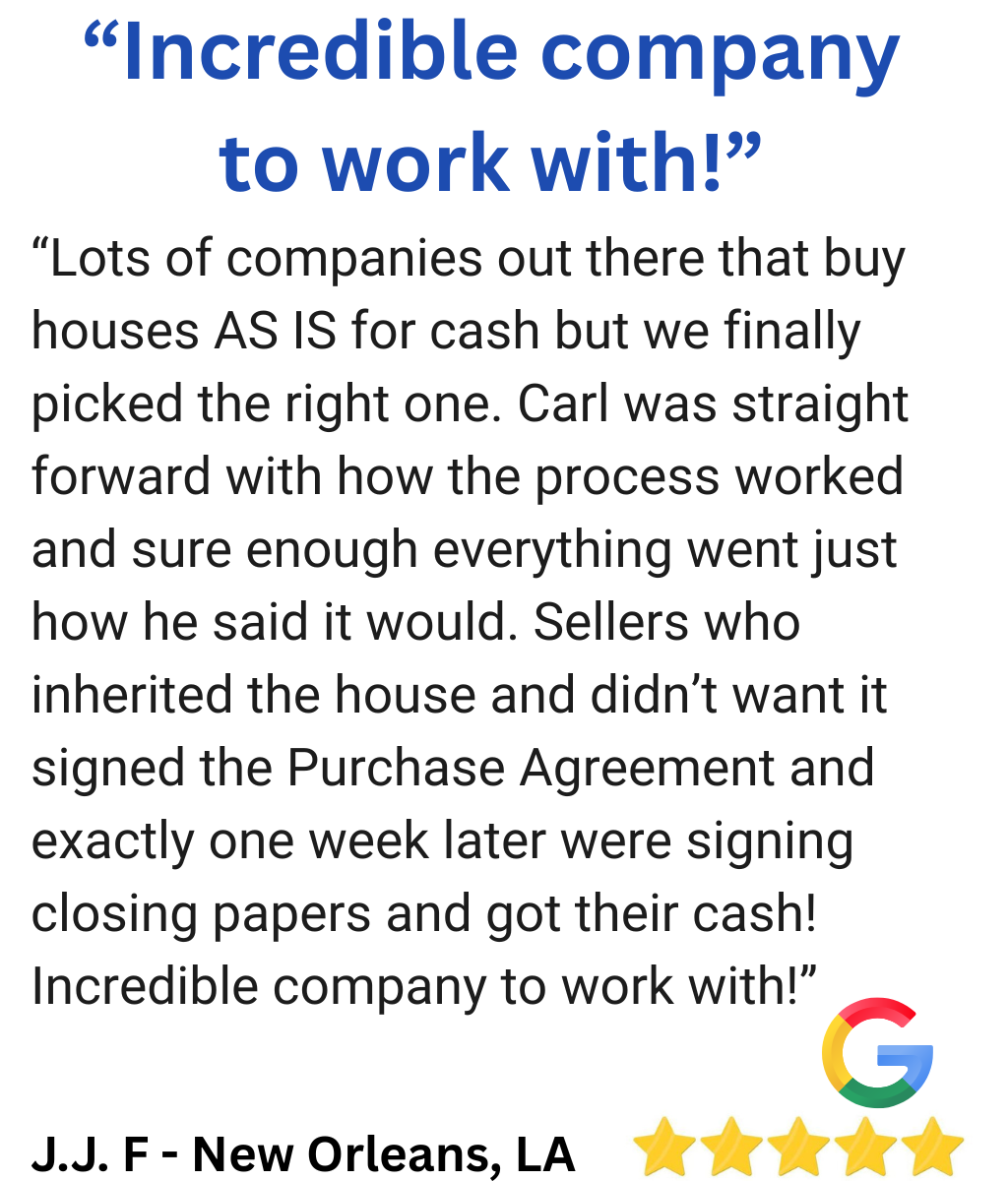 Google review from New Orleans property owner praising a smooth, fast closing process

