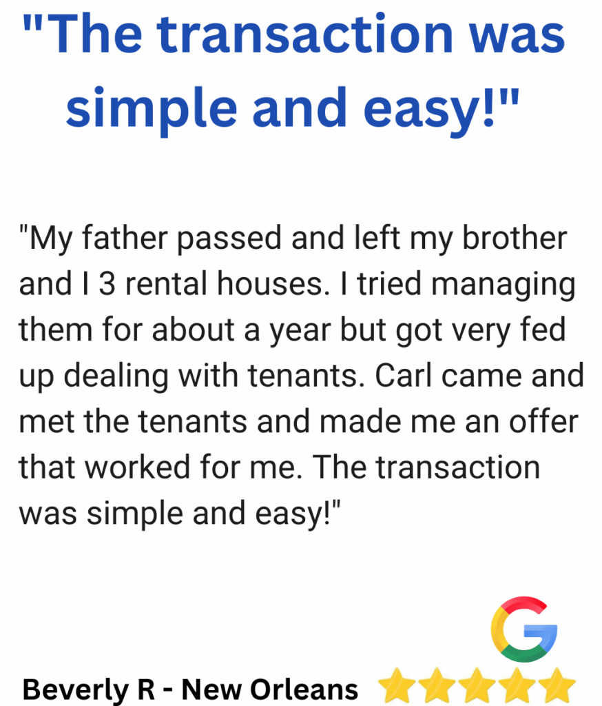 Five-star testimonial from New Orleans homeowner who sold a house as-is to NOLA Buys Houses

