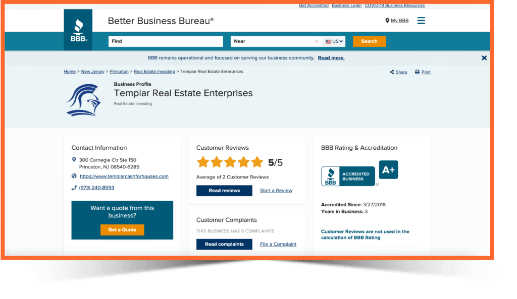 Templar Real Estate Enterprises BBB page
