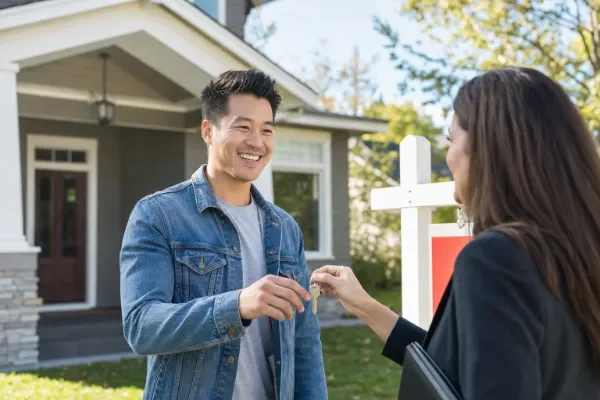 Friendly homeowner receiving keys after a stress-free home sale