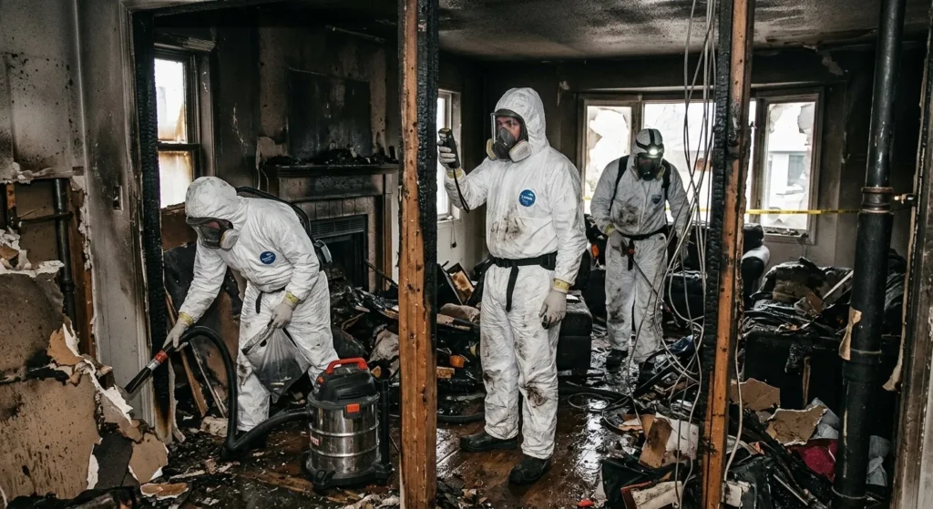 A hazardous materials crew in white protective suits working inside a fire-damaged home