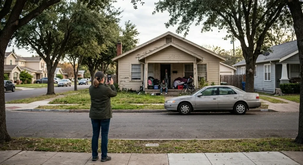 Owner photographing a house and a parked car from across the street