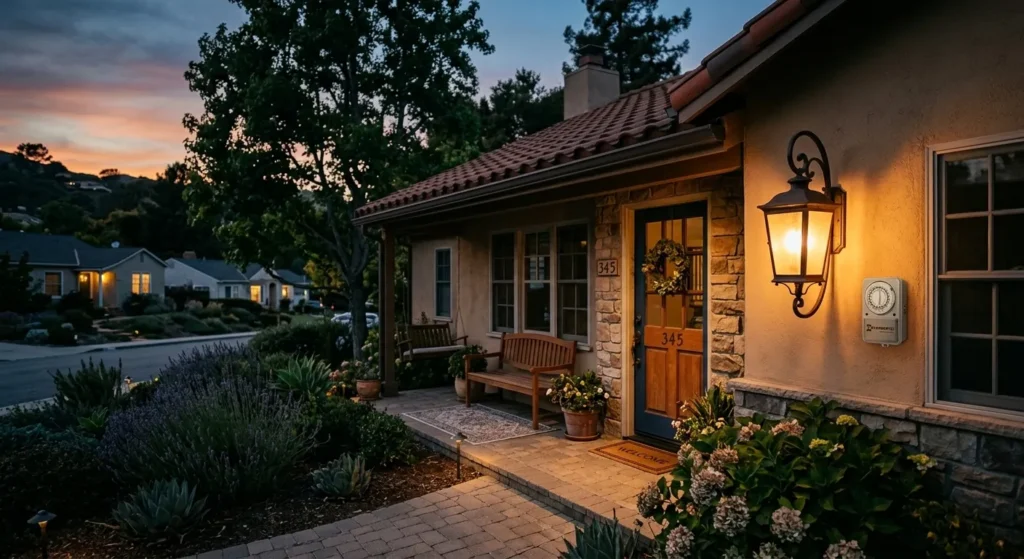 A front porch light on a timer at dusk outside a quiet California home
