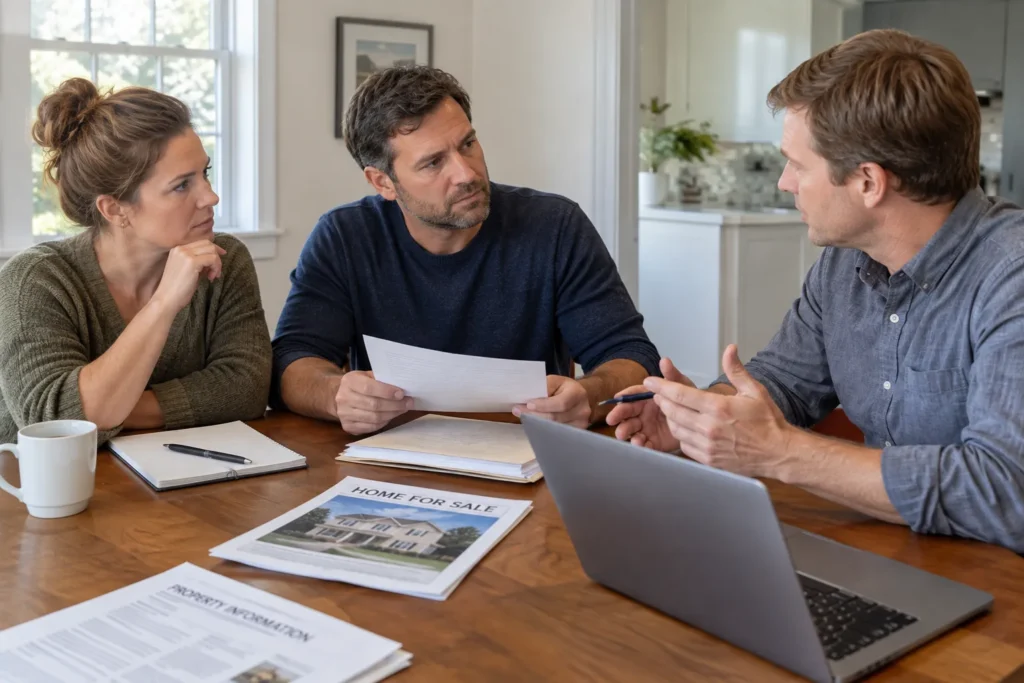 Siblings who co-own an inherited California house talking through a sale at a table
