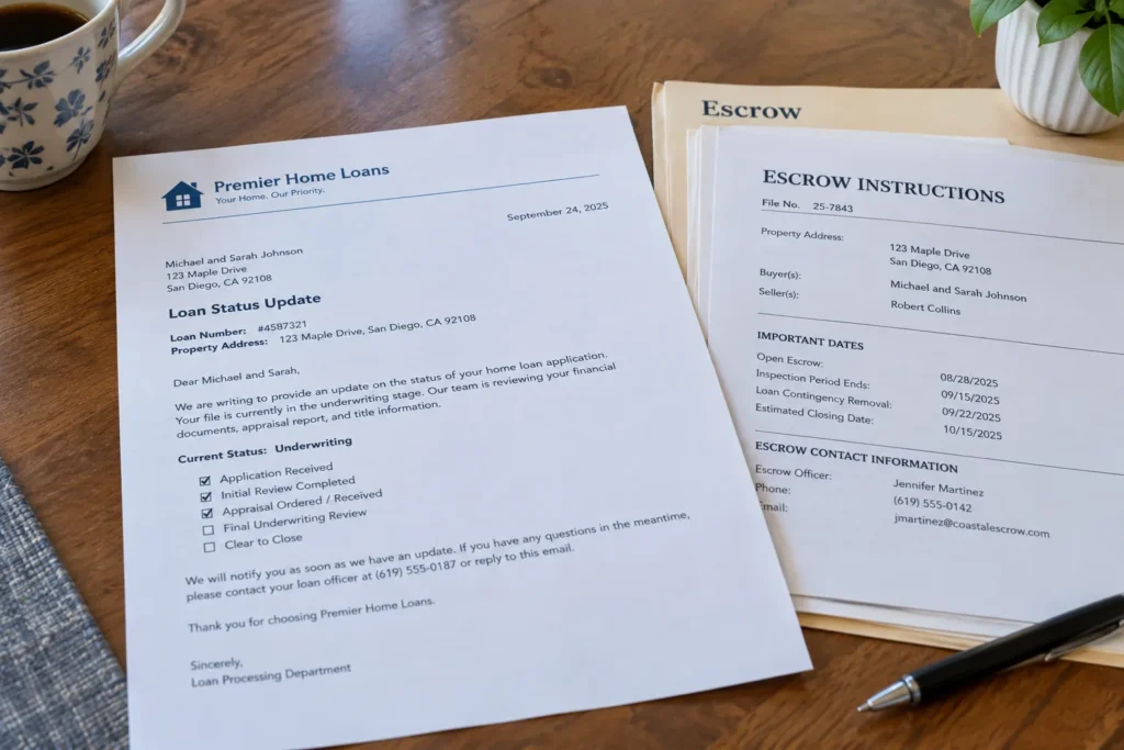 Close-up of a printed loan status letter on a kitchen table next to escrow paperwork