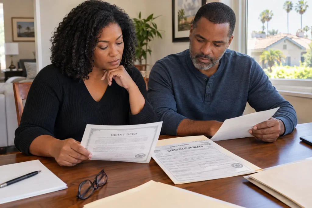 Grown children reviewing a late parent's California house deed and death certificate