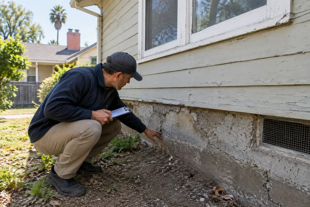 Appraiser inspecting the foundation of an older California home