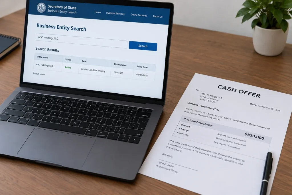 A laptop open to a business registration search next to a printed cash offer
