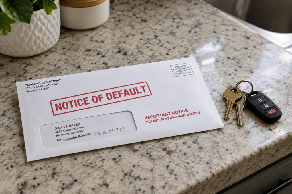 A Notice of Default envelope on a kitchen counter beside a set of keys