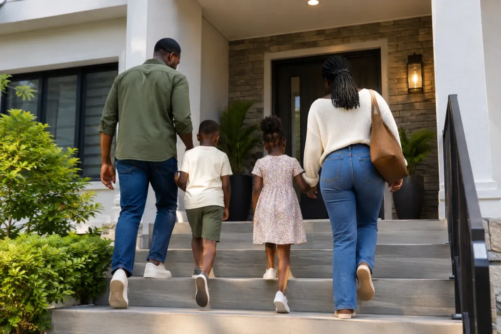 Family walking up the front steps of their home
