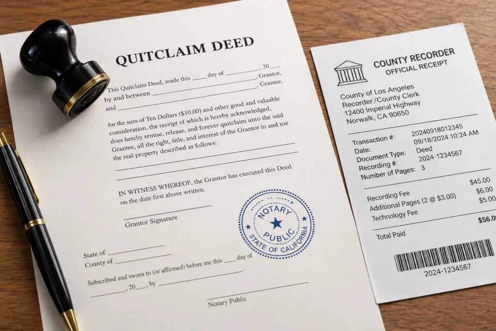 A recorded deed with a notary stamp beside a county recorder receipt