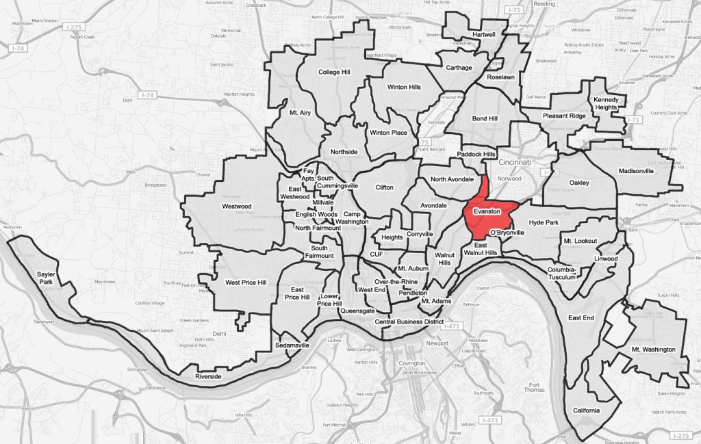 we buy houses in Evanston -Cincinnati-map