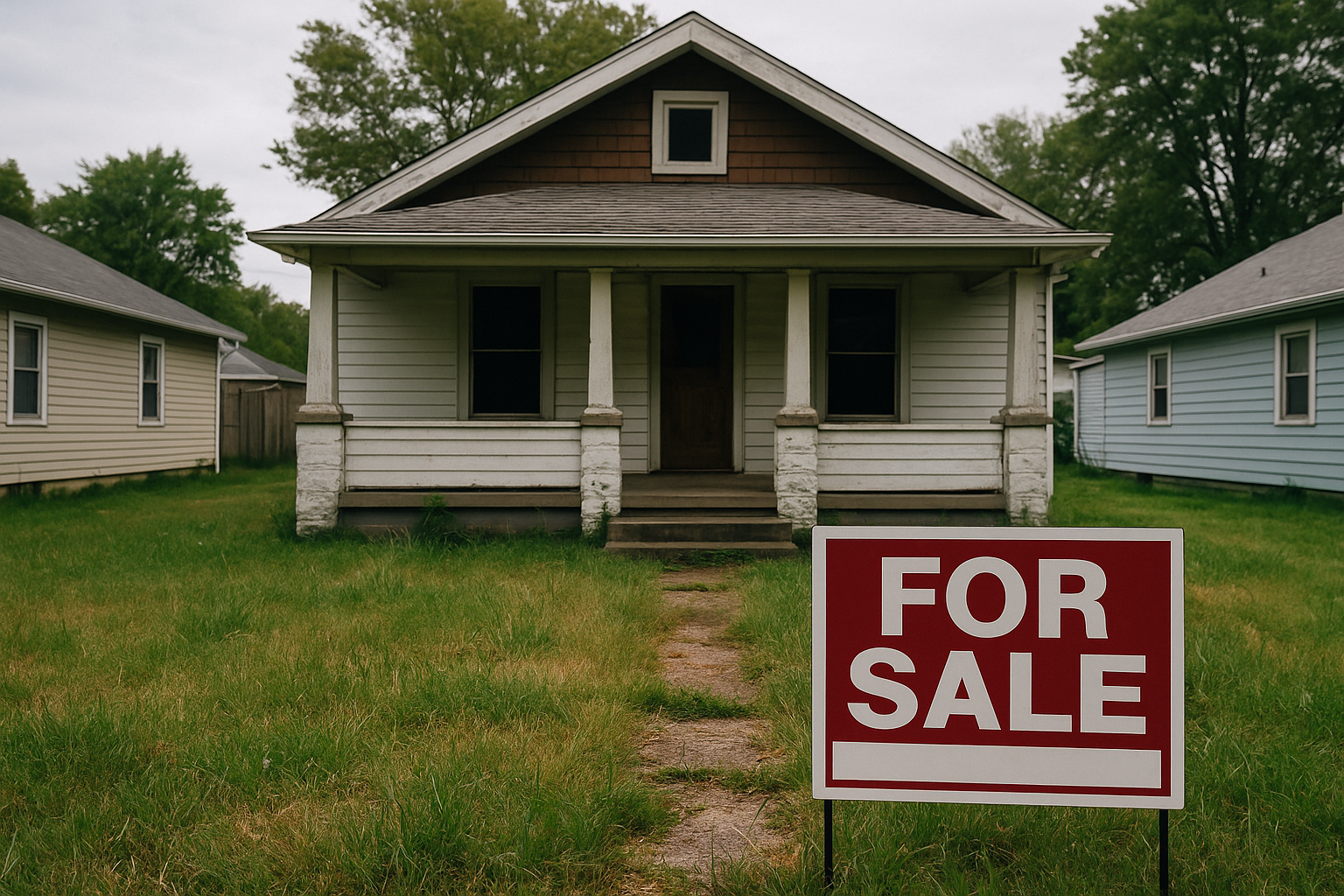 Vacant Toledo Ohio home with overgrown grass and a for sale sign