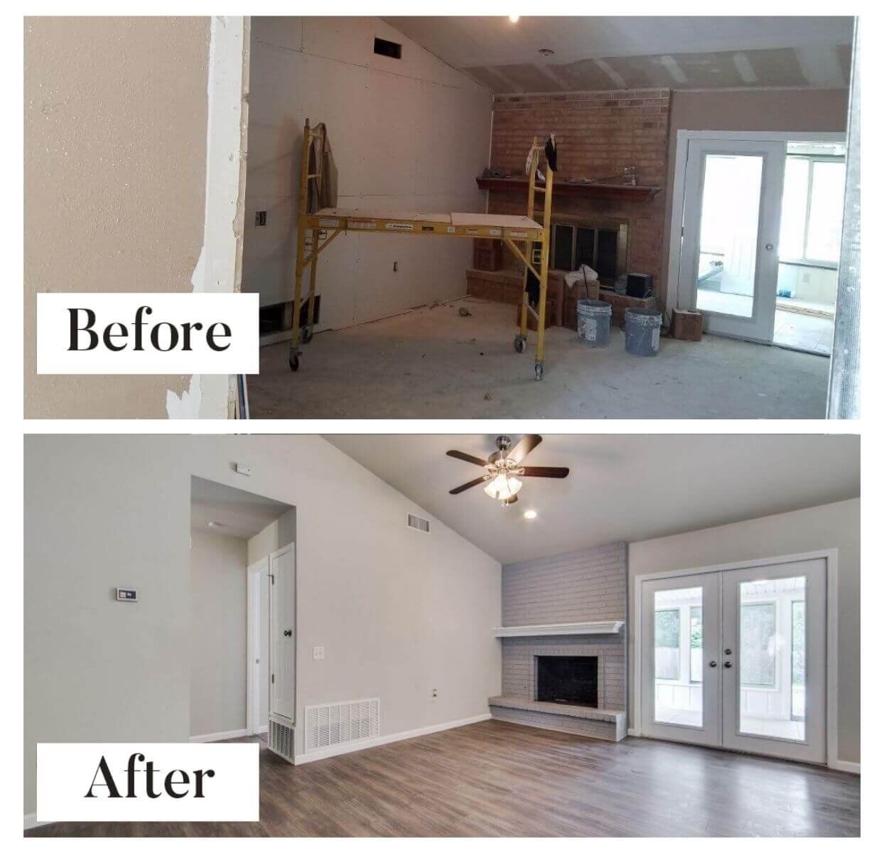 Seguin living room mid-renovation and finished with refinished fireplace and new flooring