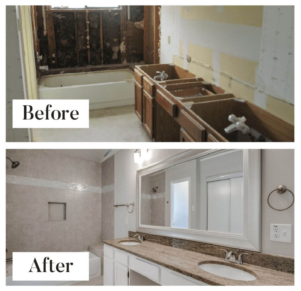 Seguin primary bathroom before and after, with new tile and double granite vanity