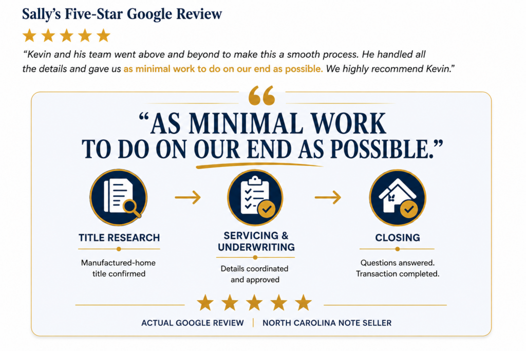 North Carolina mortgage note seller review highlighting title research, servicing, underwriting and closing support