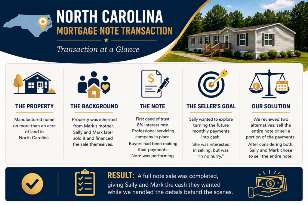 North Carolina mortgage note transaction involving an inherited manufactured home and a performing first deed of trust