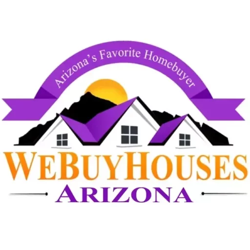 We Buy Houses Arizona logo featuring a house silhouette against the Superstition Mountains, in Arizona-themed purple and orange colors, with a top banner reading 'Arizona's Favorite Homebuyer.
