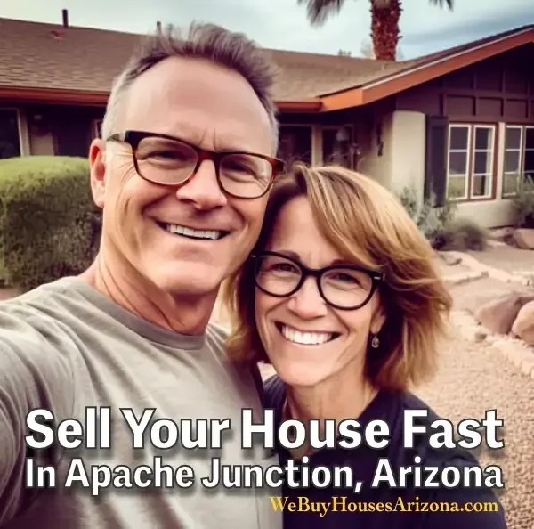 Happy home seller Shelly and her husband are taking a selfie in Apache Junction, AZ, after selling their house to We Buy Houses Arizona.