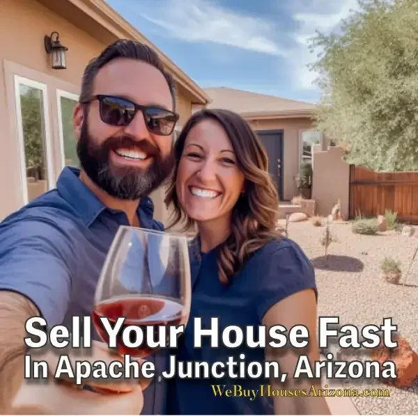 Happy home sellers Amy and Brian are taking a selfie in Apache Junction, AZ, after selling their house to We Buy Houses Arizona.