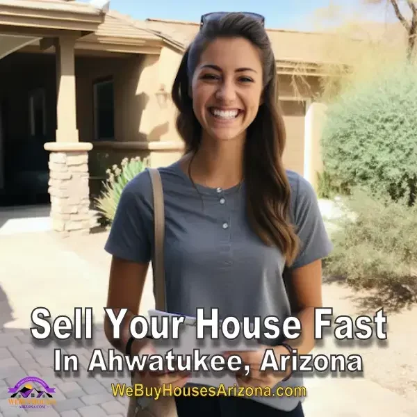 Happy home seller Gail T. holding escrow closing paperwork in front of her sold house in Ahwatukee, Arizona - We Buy Houses Arizona