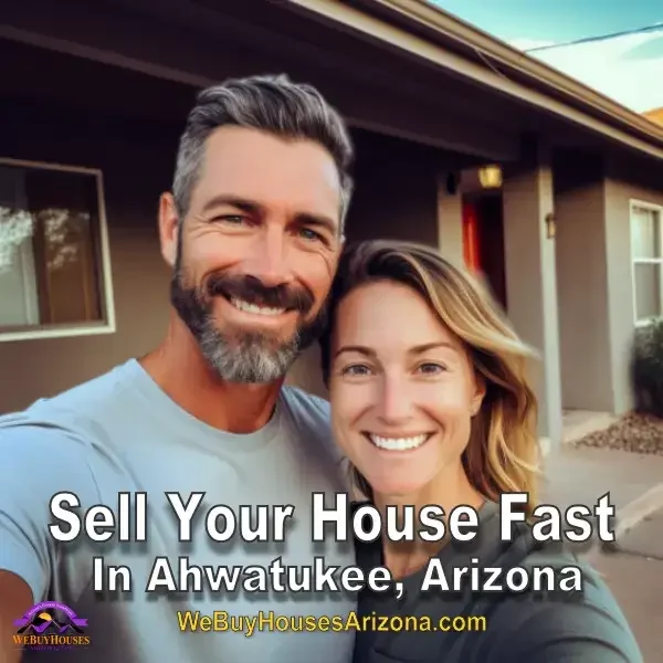 Delighted homeowners Mark and Corrine J. taking a selfie in front of their sold property in Ahwatukee, Arizona - We Buy Houses Arizona