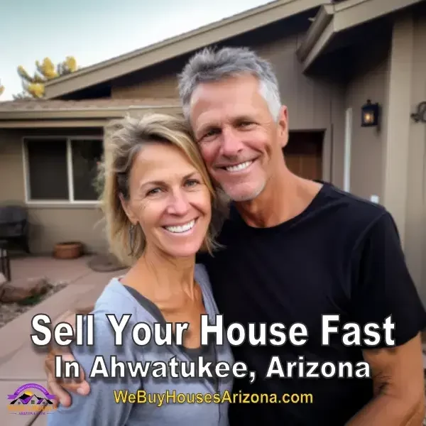 Happy couple Laci and Jeff B. celebrating in front of their sold home in Ahwatukee, Arizona - We Buy Houses Arizona
