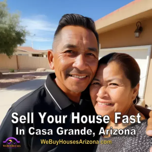 Joyful couple Lucy and her husband, standing in front of their sold house in Casa Grande, Arizona, under the bright sunny sky, smiling with the We Buy Houses Arizona logo.