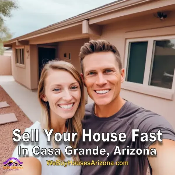 Young couple, John and Mary, smiling broadly, standing in front of their sold house in Casa Grande, Arizona, with John's arm around Mary and the We Buy Houses Arizona logo in view.