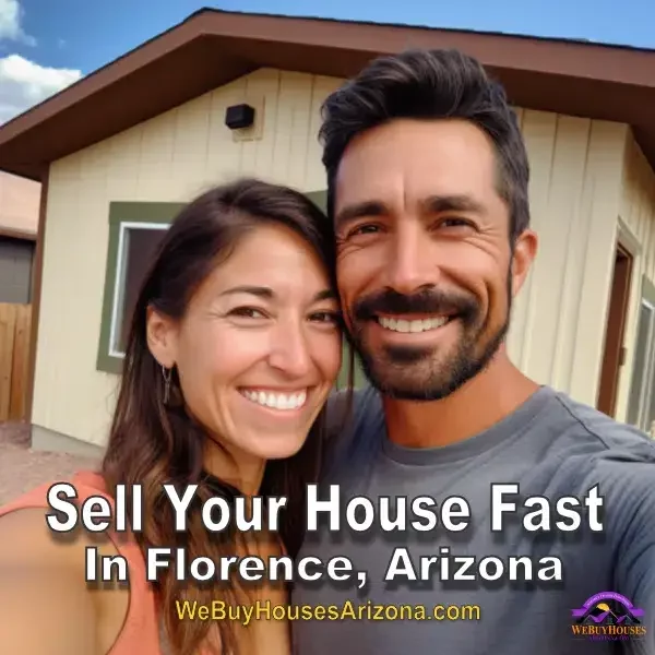 Happy couple Maria and her husband, standing in front of their sold house in Florence, Arizona, smiling under the We Buy Houses Arizona logo.