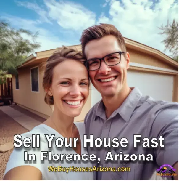 Pleased couple, Sam and Lisa, standing in front of their sold Arizona home, grinning beneath the We Buy Houses Arizona logo.