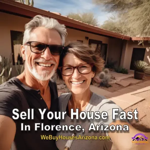 Middle-aged couple, Jack and Susan, cheerfully standing in front of their sold home in Florence, Arizona, underneath the We Buy Houses Arizona logo.