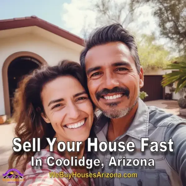 Middle-aged couple Beth and Jim smiling in front of their home in Coolidge, Arizona, with We Buy Houses Arizona logo
