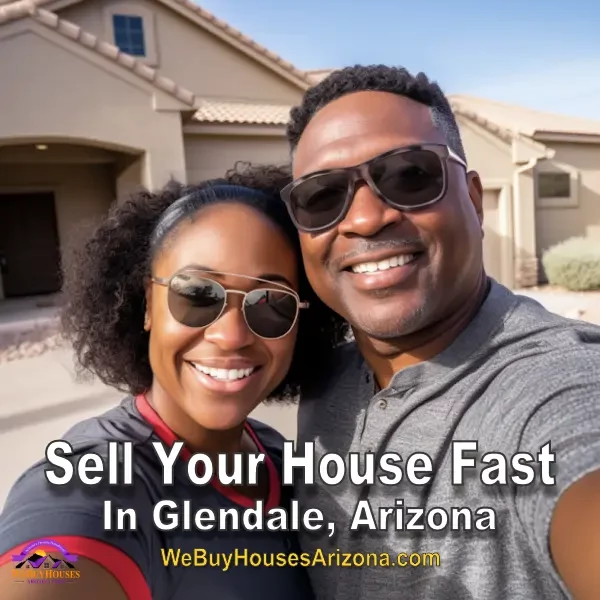 Monique and Charlie grinning in front of their two-story sold home in Glendale, Arizona with "Sell Your House Fast In Glendale Arizona" caption.