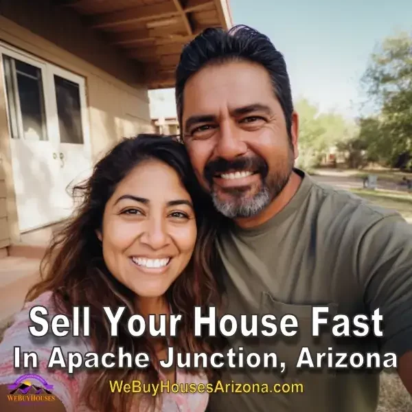 Grateful home sellers Keyla & Umberto G. taking a selfie in front of their inherited property in Arizona - We Buy Houses Arizona Testimonial