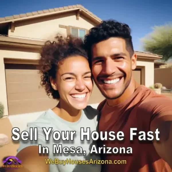 Content home sellers Hannah & Johan M. taking a selfie in front of their Arizona residence - We Buy Houses Arizona Endorsement.
