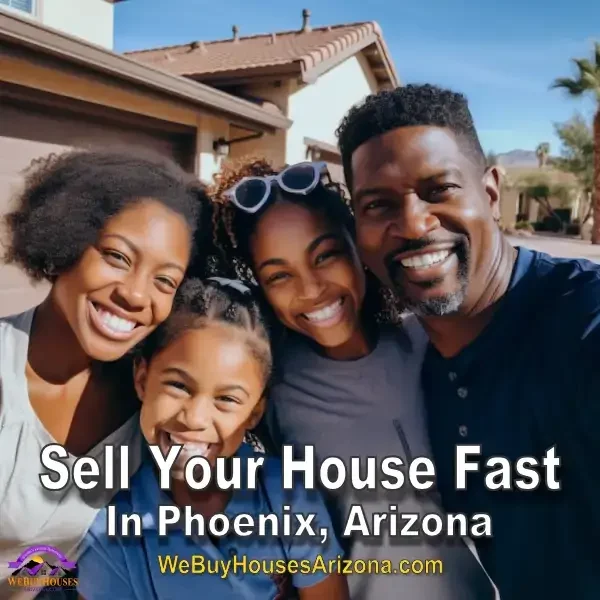 Happy home sellers Tanisha and Jerryl W. taking a selfie in front of their Arizona home - We Buy Houses Arizona Testimonial