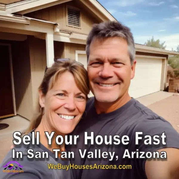 Erin and Scott, smiling in front of their sold Glendale, Arizona home with "Sell Your House Fast In San Tan Valley, Arizona" text.