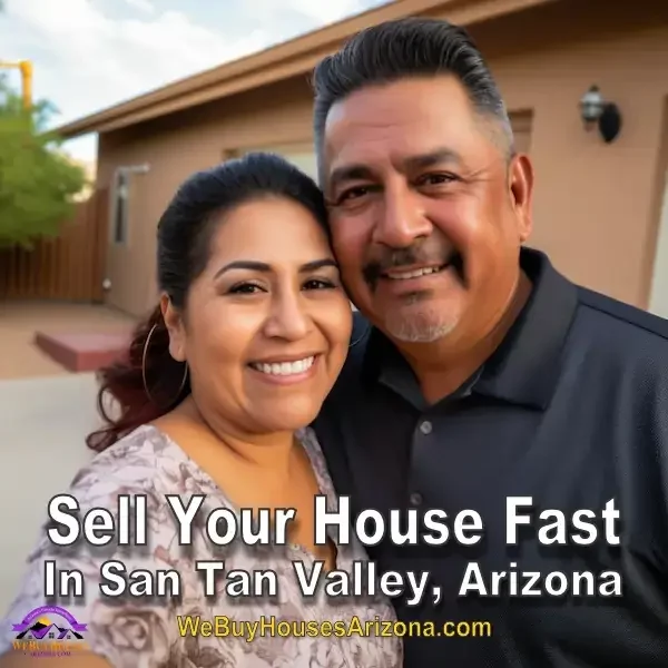 Joyful home sellers Maddie & Roberto S. taking a selfie in front of their Arizona home - We Buy Houses Arizona Review.