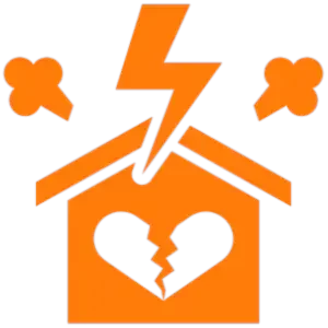Orange icon of a house with a broken heart, representing 'We Buy Houses Arizona's' solutions for individuals going through a divorce and needing to sell their house quickly for a fair price.