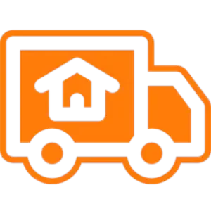 Orange icon of a moving van, symbolizing 'We Buy Houses Arizona's' solutions for homeowners needing to relocate, highlighting the company's assistance in relocation needs.