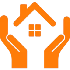 Orange icon of hands carefully holding a house, symbolizing 'We Buy Houses Arizona's' solutions for homeowners needing to sell an inherited property, reflecting the company's supportive approach.