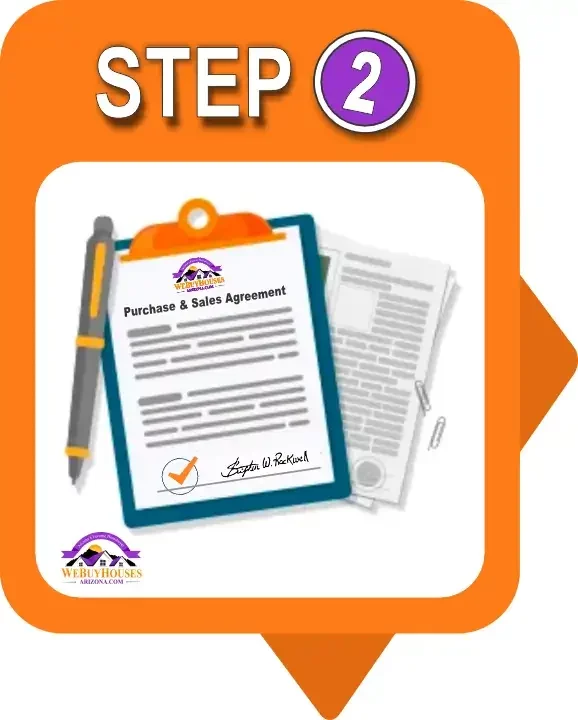 Graphic with 'Step 2' in orange, depicting an agreement and a pen, alongside the 'We Buy Houses Arizona' logo, signifying the offer acceptance stage in the home selling process.