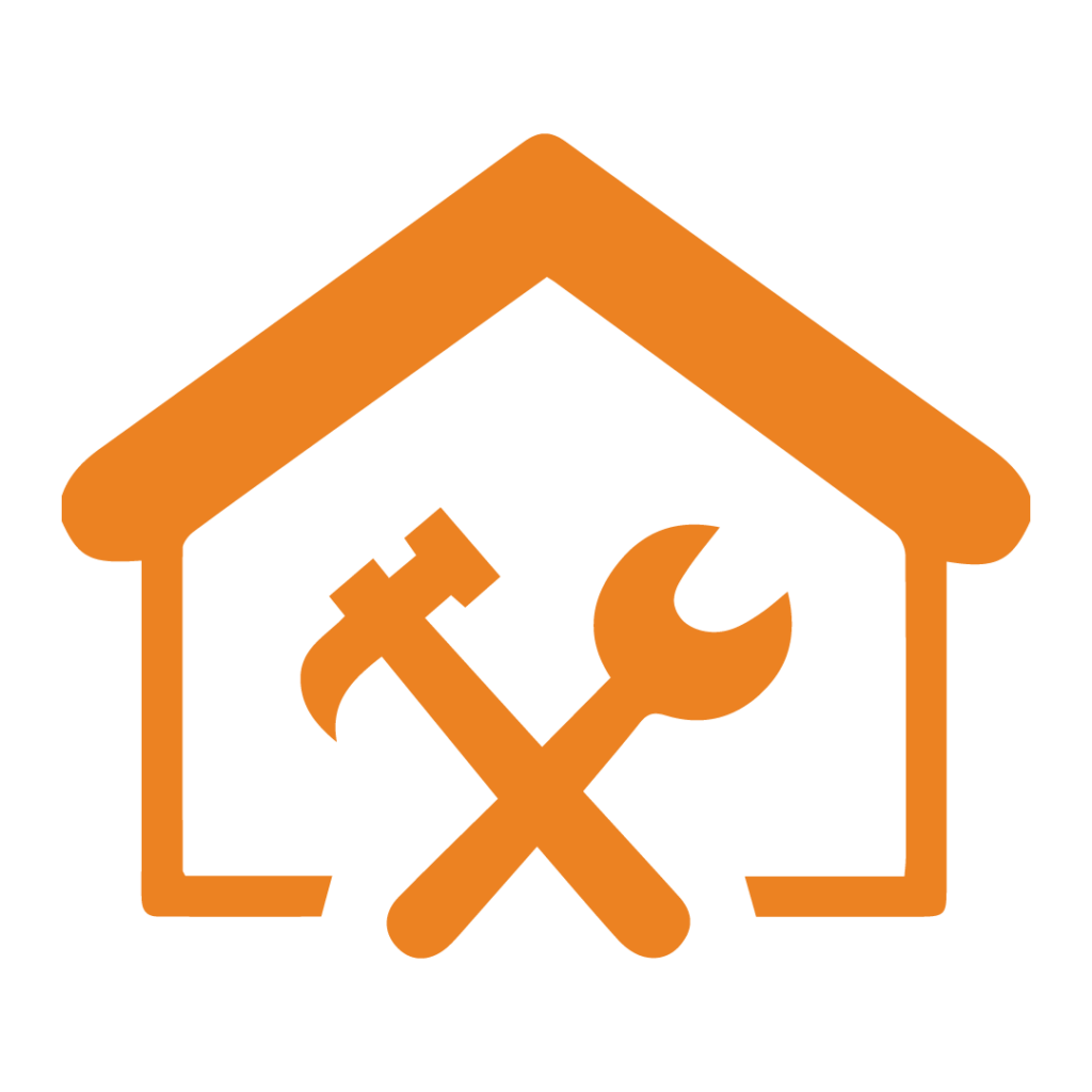 Orange icon of a house with a crossed hammer and wrench, symbolizing the benefit of selling a house As-Is with no repairs or cleaning required, for 'We Buy Houses Arizona.'