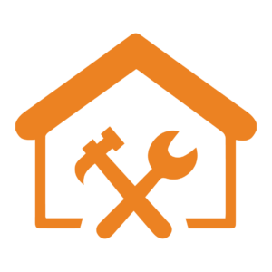 Orange icon of a house with a crossed hammer and wrench, symbolizing the benefit of selling a house As-Is with no repairs or cleaning required, for 'We Buy Houses Arizona.'